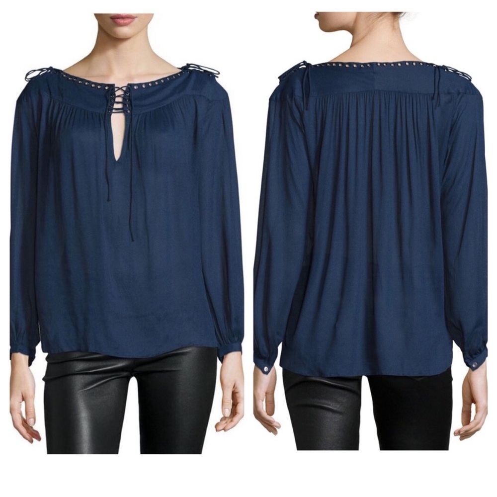 Zadig & Voltaire Tirate Blouse Small Navy Blue long sleeves Tie Shoulders - Picture 10 of 10